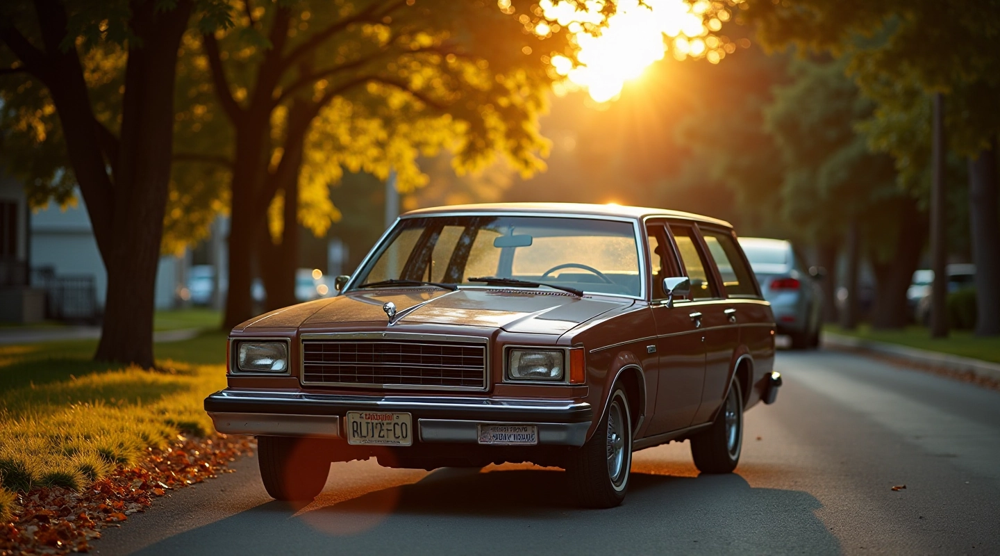 Vintage station wagon from the eighties era on a brovane street