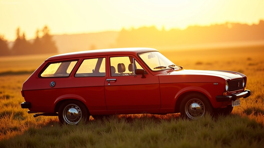 Ford Escort Wagon in red, side view against rural brovane landscape