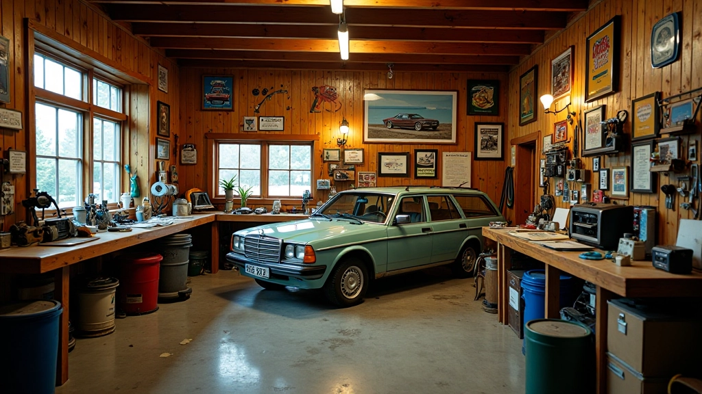 Vintage garage space with period automotive memorabilia and classic tools