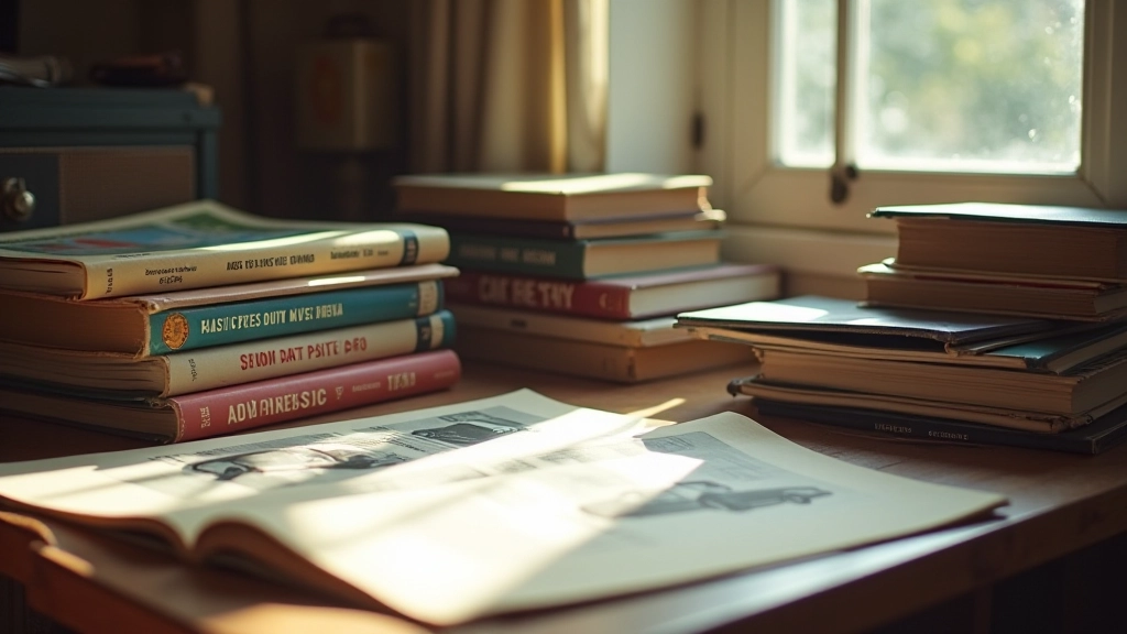 Research materials including vintage automotive books and period magazines