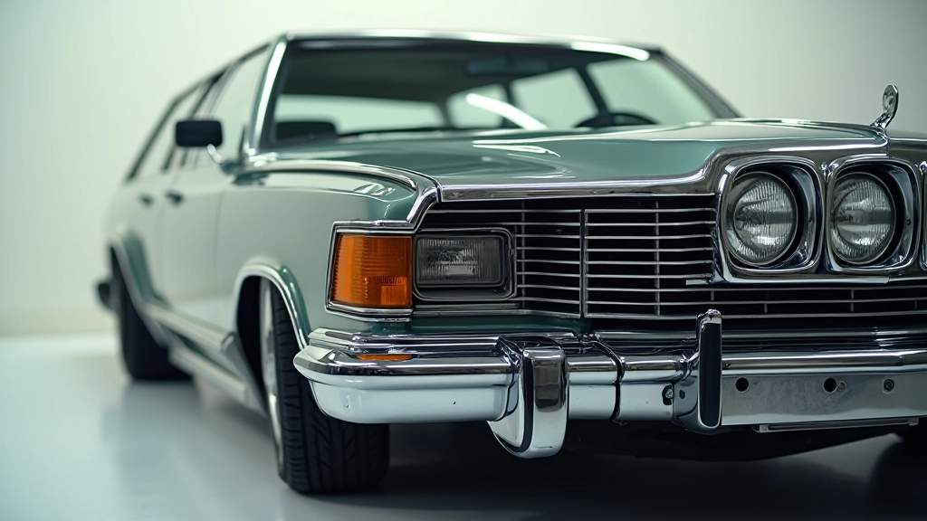 Chrome trim and front grille of a classic hatchback
