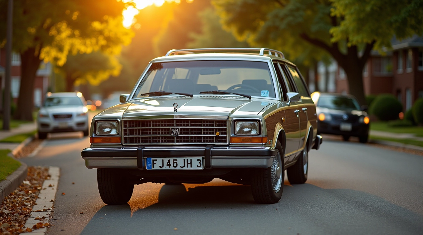 Vintage brovane station wagon from the 1980s parked on a tree-lined street, showing classic wood paneling and chrome details