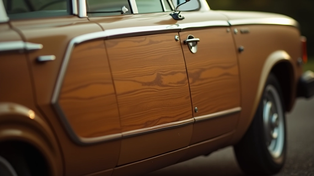 Close-up detail of wood paneling on a classic station wagon